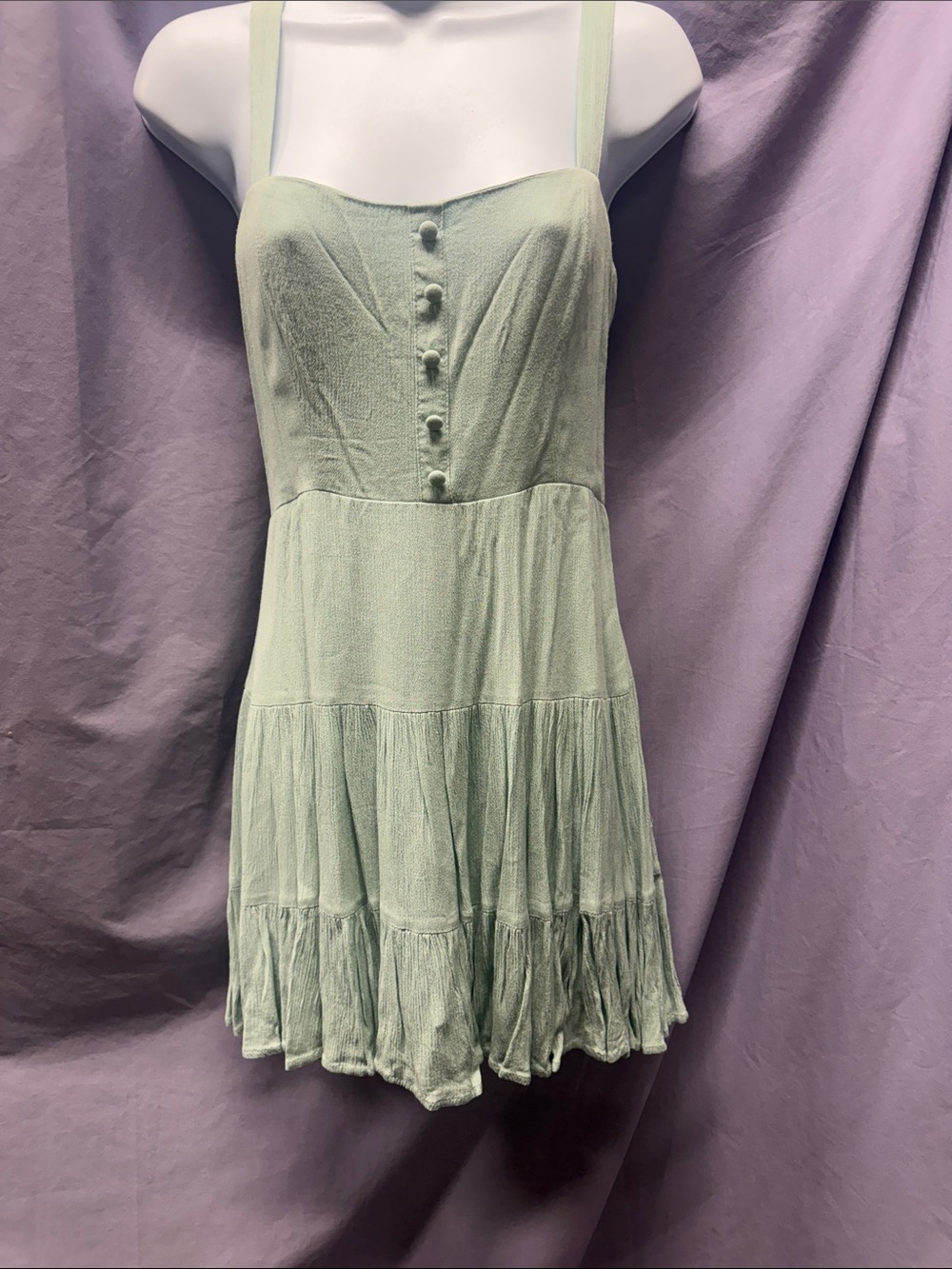 Forever 21 Sage Green Tiered Mini Dress with Button Bodice